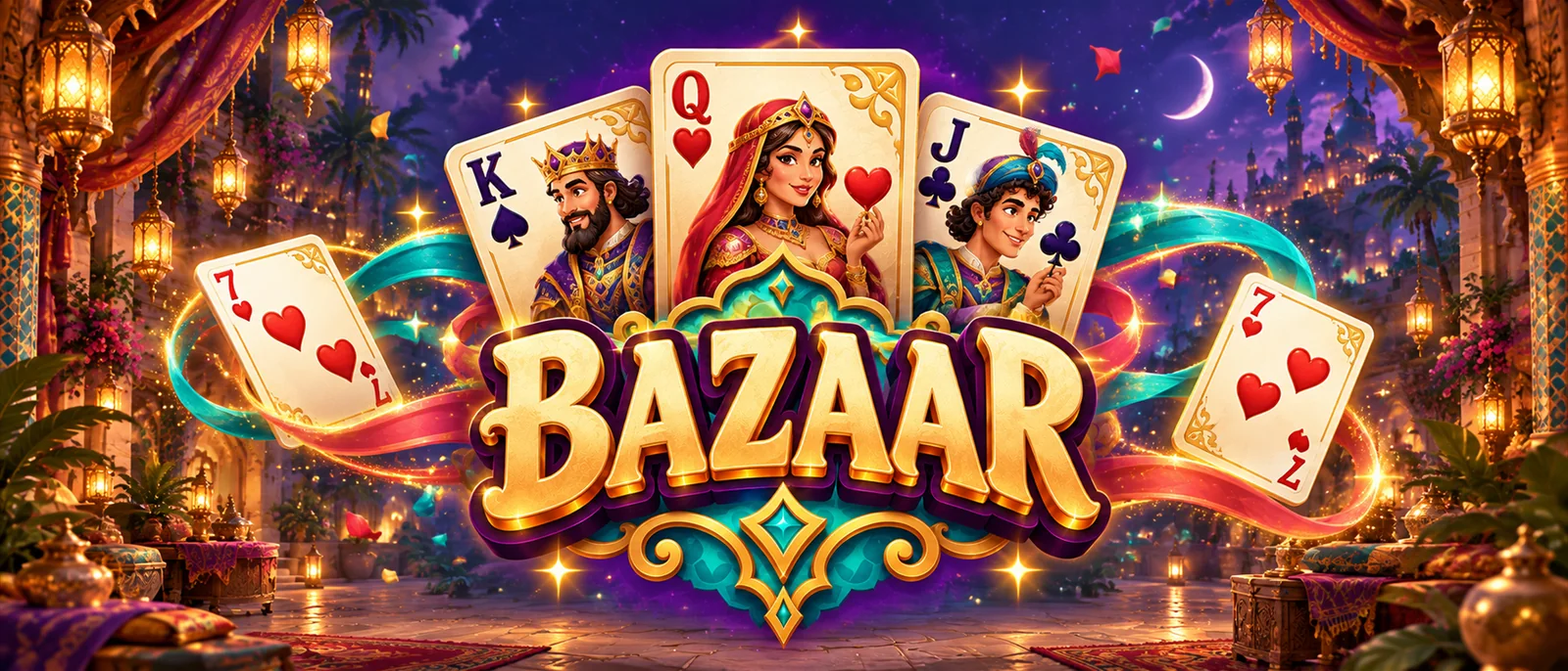 Bazaar playing cards in a magical lantern-lit marketplace